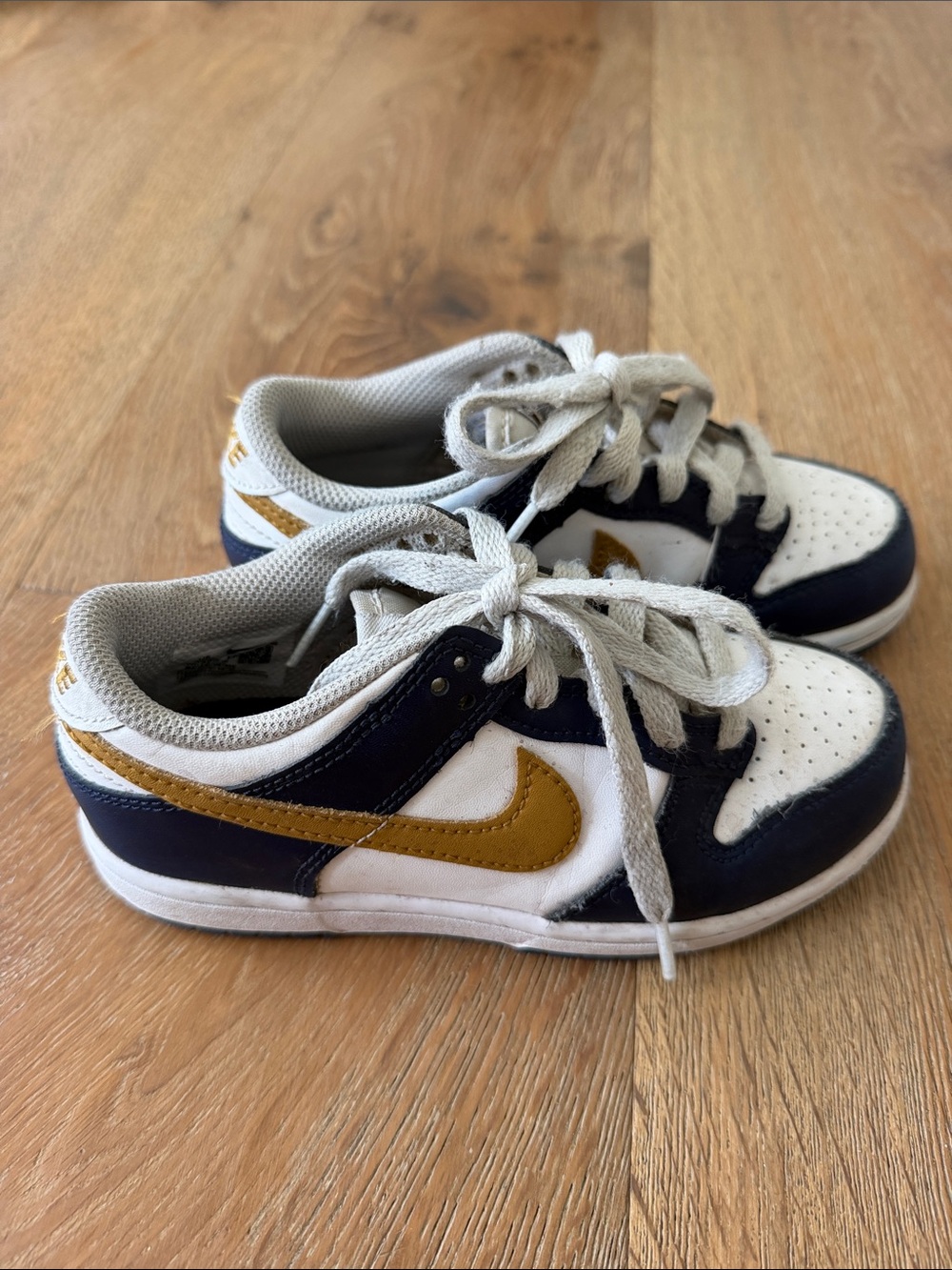 Nike Kids Dunks Sneakers in White, Navy & Gold Swoosh